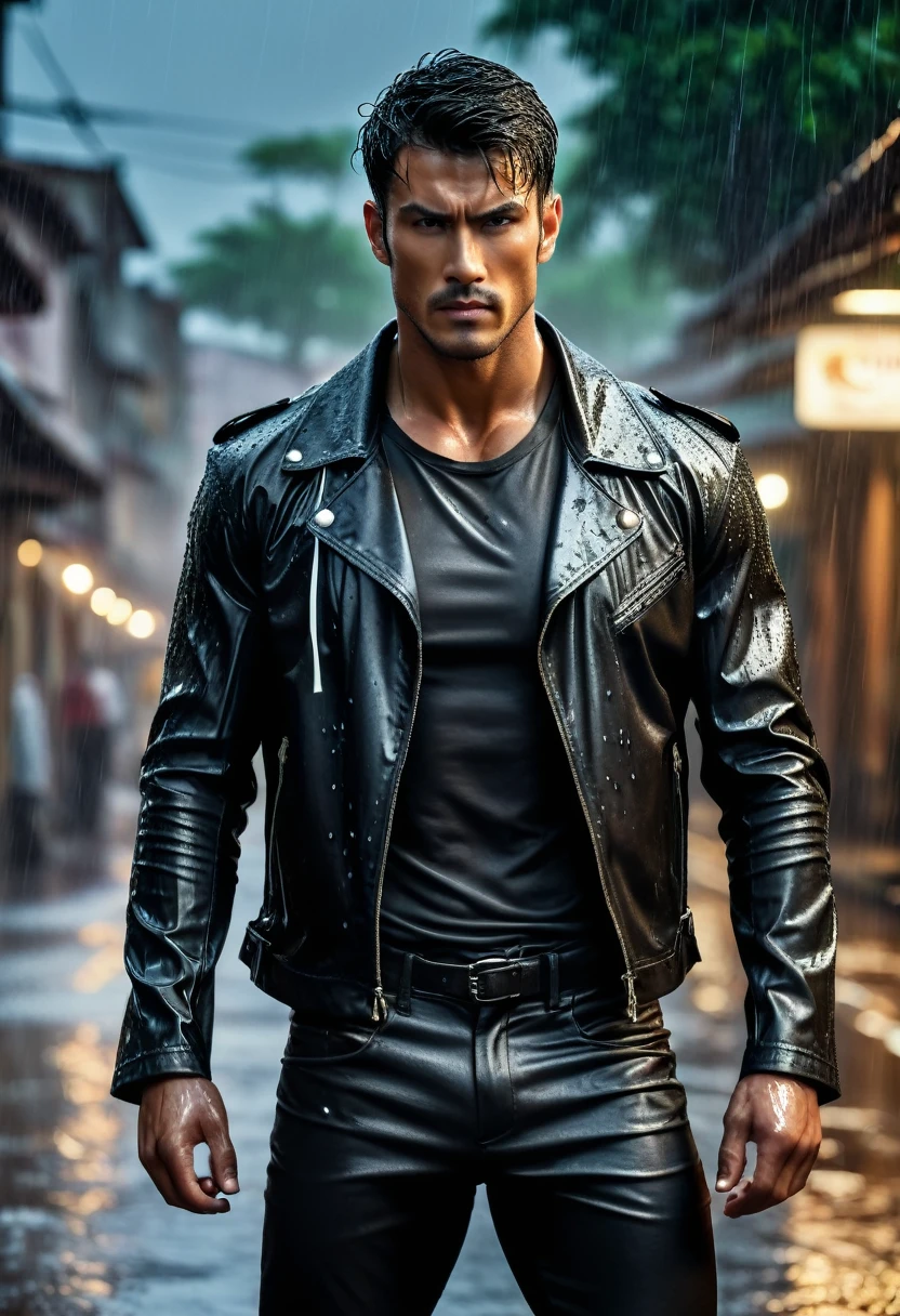 acting（（（martial arts superstar））,black pants, realist:1.3,( fotorrealist, 8K, original photo, high quality, masterpiece, epic lights. close up, center image), (prospect),((1 Handsome guy with confident and well-proportioned muscles, post apocalyptic, Guerrero, Rostro y cuerpo perfectamente detallados, (prospect), rain scene, Poor lighting due to rain,(( My face and body were soaked by the rain:1.5)),lightning lighting, dynamic poses, beautiful fine hair, Leather jacket)),  ((imaginative scenes)),((perfect, meticulously.:1.3)), ((panoramic: 1.4)), ((best quality )), ((masterpiece)), 3d, (Super detailed: 1.3), ((epic scenery: 1.3)), ((night background: 1.3 ))), (((night:1.2))), ( lifelike: 1.4), ((Front camera)),( (Low-light night cinematic lighting: 1.2)). 32