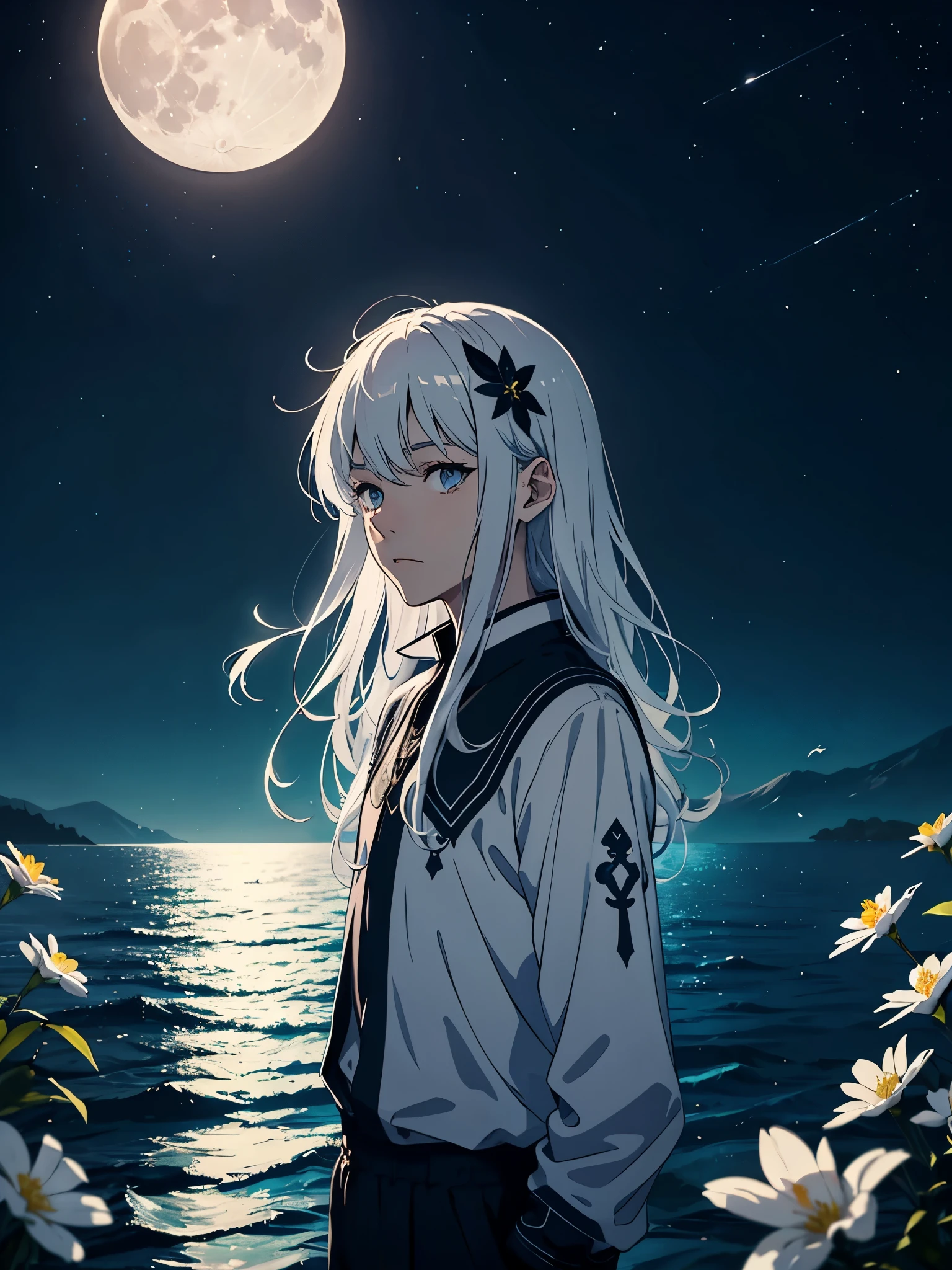 Viele weoße vögel. More anime. light blue light. Bright bright light. magical. Moon. White flowers. male. Long hair. long white hair. aquatic, boy, God of the Moon, silver hair accessories, White hair.