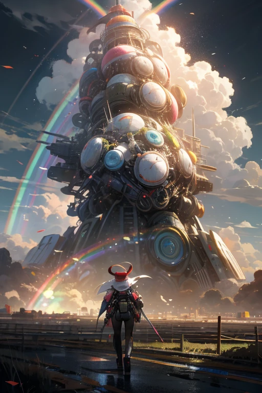 anime style, super fine illustration, highly detailed, dynamic angle, beautiful detailed, 8k, Rainbow over the meadow under the clowly on a battle day. BREAK Cute anthropomorphic Robot is sadly walking, under the rainbow. BREAK Robot in colorful harmonize with the rainbow, creating a beautiful scene.Break dystopia,Disillusioned,City,Landscape painting,Break MECA,droid,human_no,