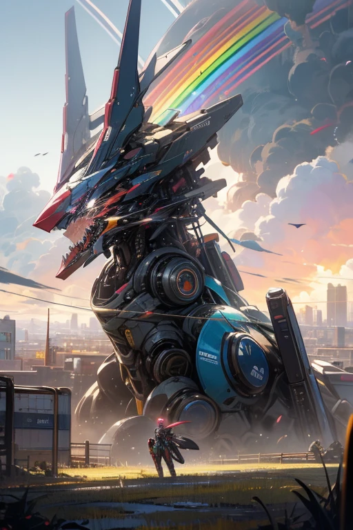 anime style, super fine illustration, highly detailed, dynamic angle, beautiful detailed, 8k, Rainbow over the meadow under the clowly on a battle day. BREAK Cute anthropomorphic Robot is sadly walking, under the rainbow. BREAK Robot in colorful harmonize with the rainbow, creating a beautiful scene.Break dystopia,Disillusioned,City,Landscape painting,Break MECA,droid,human_no,