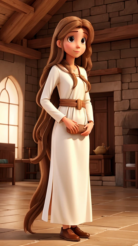 Woman with long brown monkey hair, White skin, long tunic clothing like jesus, with a baby in arms