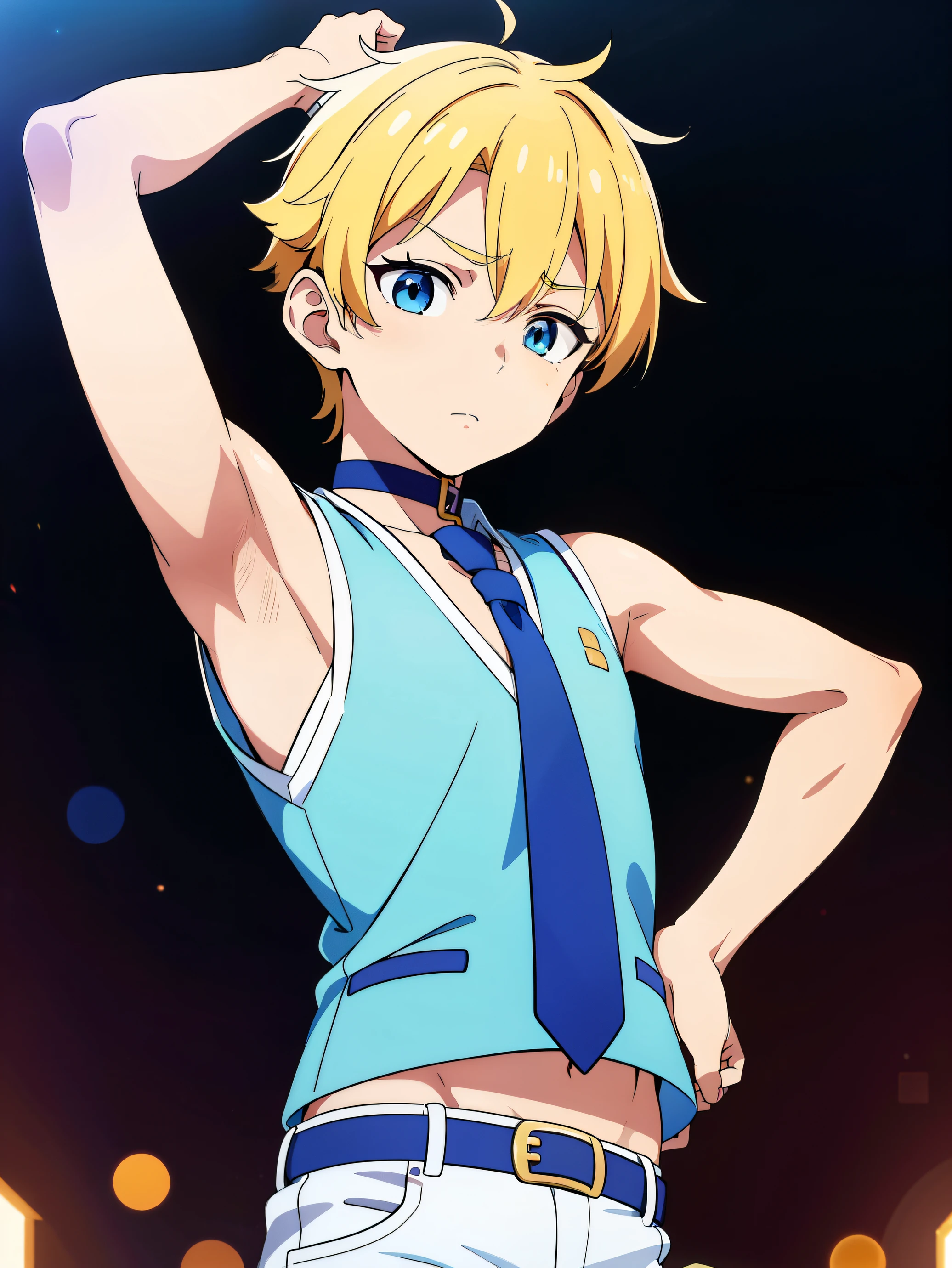 Highres, Masterpiece, Best quality at best,Best Quality,hight quality, hight detailed, Anime style, 1boy, boy, Shota, (s), blonde, blue eye, fluffy hair, Sleeveless vest, Tie, Seen from the front, Slim body, choker, Coolarbone, upper body, idol artists, concerts, Cheerful boy, (Showing armpit), The armpits of a 12 year old boy, Adorable little armpits, Give me a proportional picture of a 12 year old boy's armpits, (very young boy), (very small and short body), uhd, bokeh