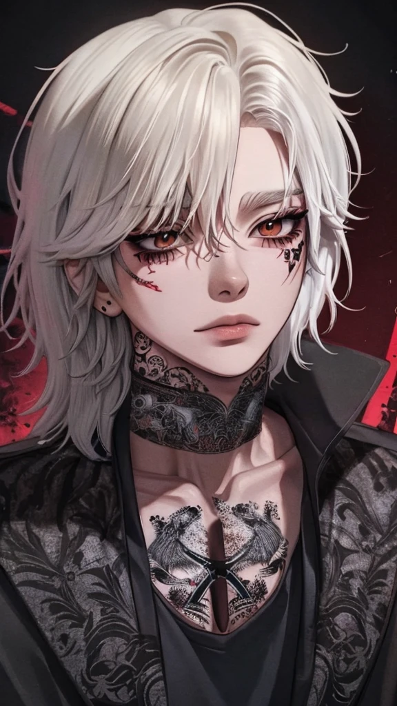 1boy,18 years old,korean,white hair,orange eyes,elongated sharp facial structure,slim attractive body,neutral facial expression,detailed beautiful eyes,korean makeup,eyeliner,mascara,visual kei,gothic,punk,emo,jacket,shirt,pants,diagonal side view,upper body focus,extreme detail,high quality,masterpiece illustration,red eyeshadow,black lines under eyes,choker,chains,crosses,piercings,tattoos under eyes