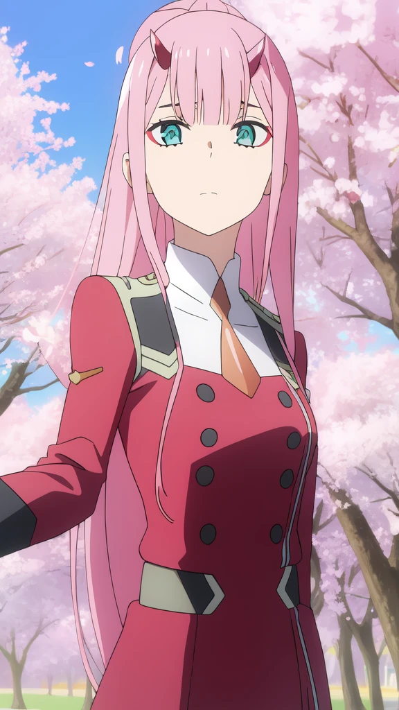 ((best quality)),((highly detailed)),masterpiece,absurdres,detailed face,beautiful face,((detailed eyes, deep eyes)),(1girl),((dynamic pose)),   Zero_Two, 1girl, solo, long hair, pink hair, uniform, straight hair, military, green eyes, bangs, closed mouth, upper body, jacket, long sleeves, eyeshadow, tree, short necktie, very long hair, looking to the side, necktie, makeup, looking away, horns, outdoors, double-breasted, blunt bangs, breasts, shirt, buttons, blue eyes, shiny hair, day, cherry blossoms flowing, cherry blossom background