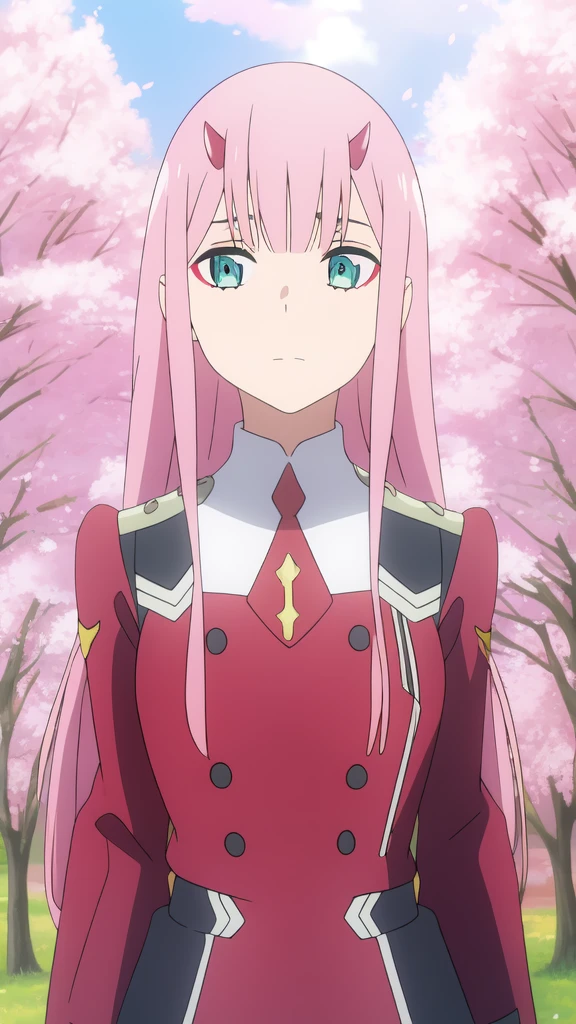 ((best quality)),((highly detailed)),masterpiece,absurdres,detailed face,beautiful face,((detailed eyes, deep eyes)),(1girl),((dynamic pose)),   Zero_Two, 1girl, solo, long hair, pink hair, uniform, straight hair, military, green eyes, bangs, closed mouth, upper body, jacket, long sleeves, eyeshadow, tree, short necktie, very long hair, looking to the side, necktie, makeup, looking away, horns, outdoors, double-breasted, blunt bangs, breasts, shirt, buttons, blue eyes, shiny hair, day, cherry blossoms flowing, cherry blossom background