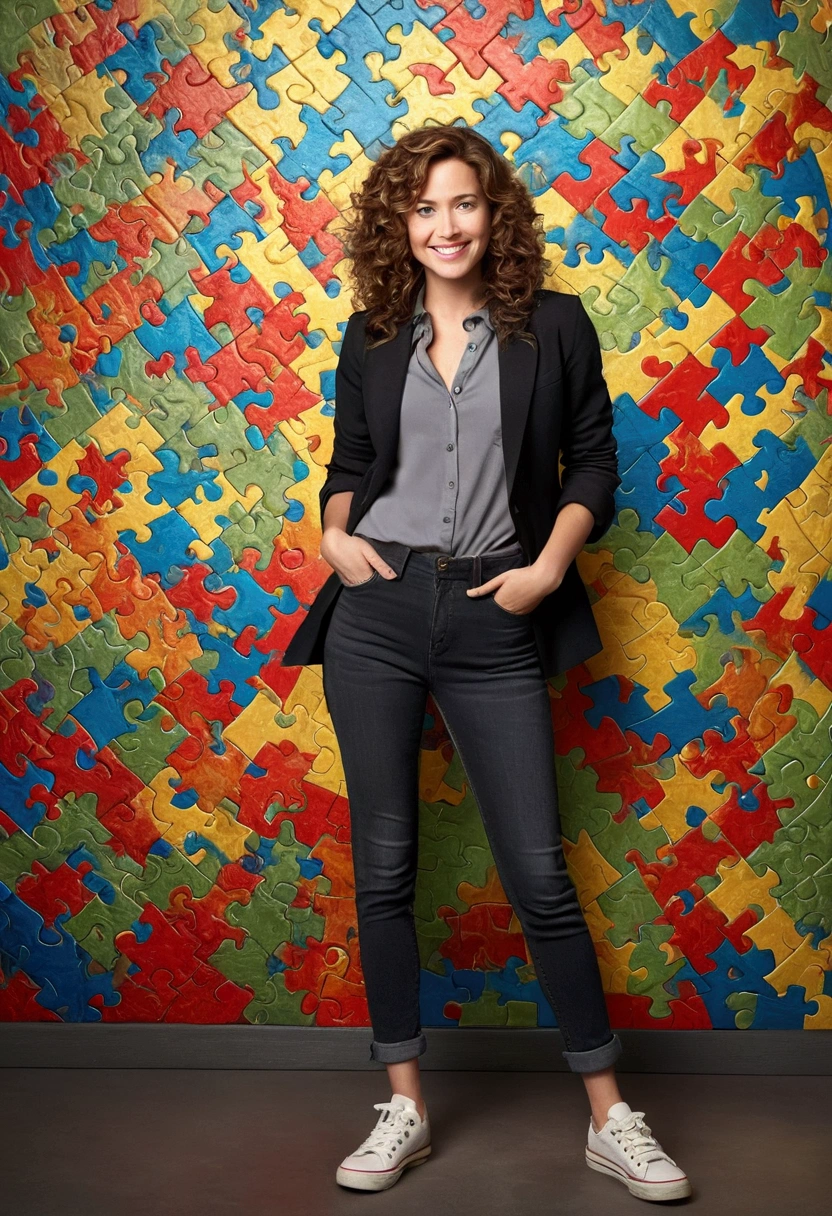 A 37 year old woman, with shoulder-length brown hair with lighter strands and very curly hair, round face with charming smile, blue colored eyes, full body, wearing an elegant gray shirt, black blazer, and black jeans and white sneakers. full - length portrait, behind a wall with red puzzle, cerulean, green and yellow. Develop this art Disney Pixar Animations Style
