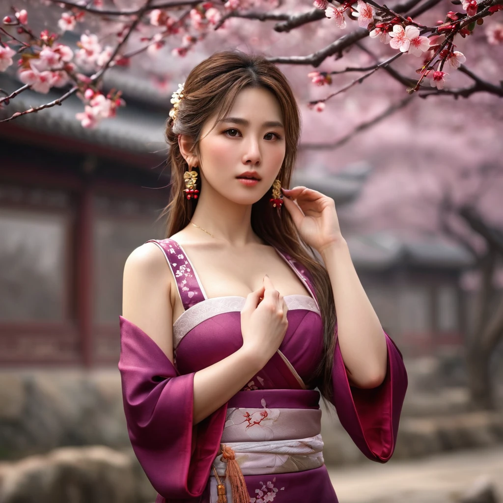 masterpiece,extremely detailed CG unity 8k wallpaper,1girl, beautiful, realistic, blurry, blurry_background, blurry_foreground, branch, brown_hair, plum blossom, depth_of_field, earrings, flower, jewelry, nose, realistic, solo,chinese clothes,fingers hidden, arms hidden, only wearing a bra