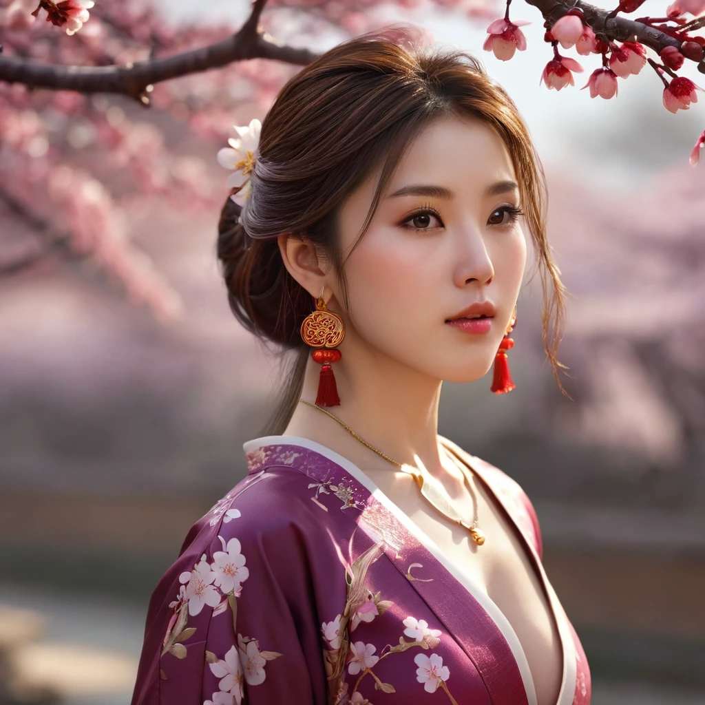 masterpiece,extremely detailed CG unity 8k wallpaper,1girl, beautiful, realistic, blurry, blurry_background, blurry_foreground, branch, brown_hair, plum blossom, depth_of_field, earrings, flower, jewelry, nose, realistic, solo,chinese clothes,fingers hidden, arms hidden, only wearing a bra