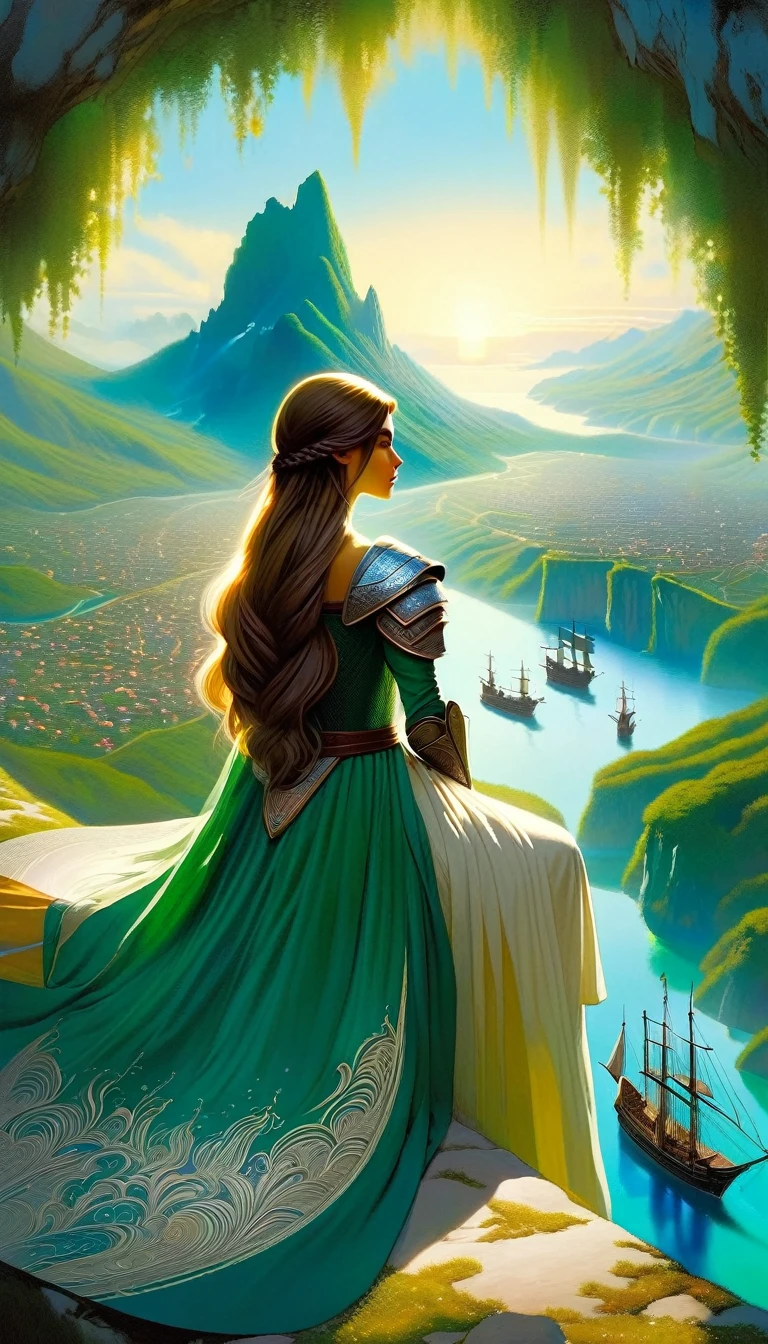 This image depicts a beautiful fantasy world scene. It is daytime or early afternoon, and the atmosphere is quiet and grandiose. In the foreground, there is a female character sitting with her back to the viewer. She has long braided brown hair and is wearing an intricately patterned blue and white outfit. She also has armor on one arm, giving her the appearance of an adventurer or warrior. In the background, we see a magnificent city built on a steep mountain or island. The city’s architecture is reminiscent of the Middle Ages and the Renaissance, characterized by tall spires and dense buildings. At the top of the city, there are castle- and palace-like buildings soaring above the rest. Below the city, there are lush green fields and small buildings scattered about, which may be farms or villages. The landscape is lush and green with trees surrounding the settlements. Several ships are anchored at the foot of the mountains and islands, suggesting that the city is an important port town. The sky is clear blue with very few clouds, indicating that it is daytime or early afternoon. The overall atmosphere is quiet and grandiose, suggesting stories of adventure, exploration, or political intrigue in this fantasy world.(art inspired by Bill Sienkiewicz). oil painting)
