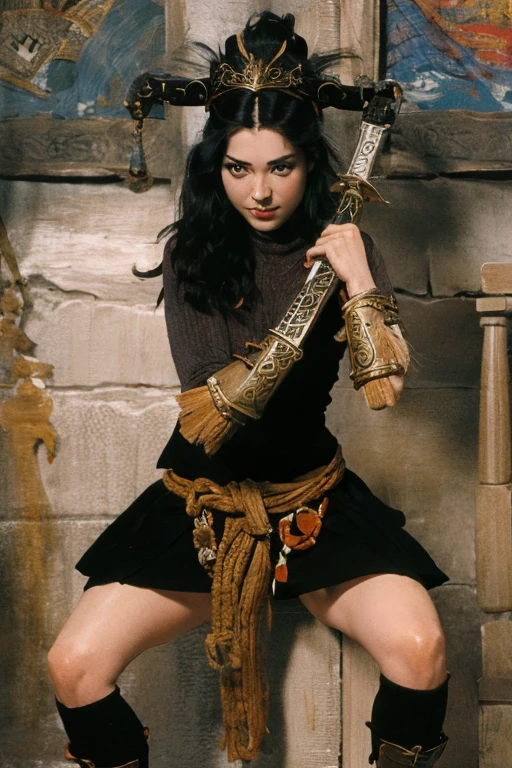 A black-haired girl wears viking helmet wields the Heavy Thrusting Swords from within the Elden Ring in a reverse grip.