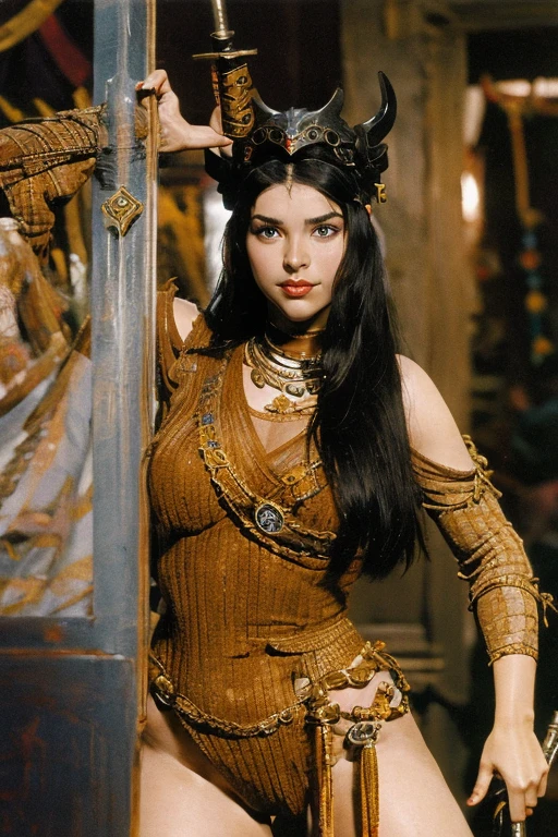 A black-haired girl wears viking helmet wields the Heavy Thrusting Swords from within the Elden Ring in a reverse grip.