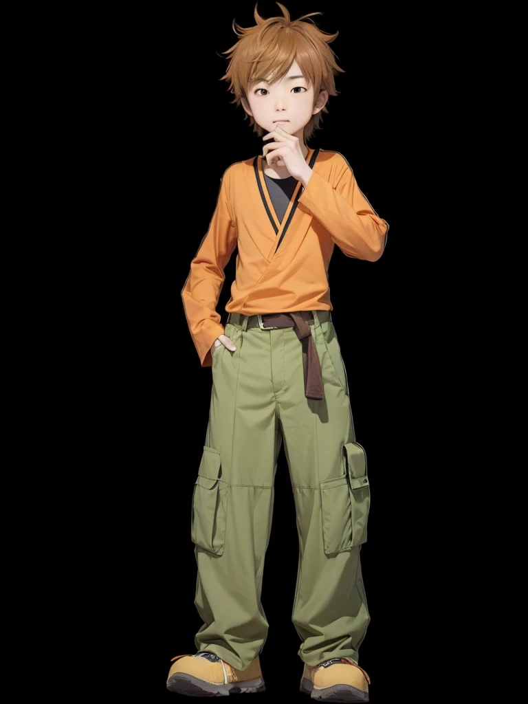 A Japanese guy, in orange shirt, with green pants, with scattered light brown hair.
