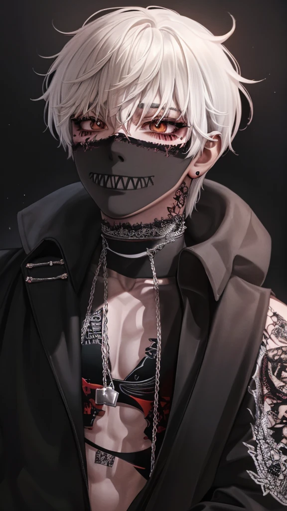 1boy,18 years old,korean,white hair,orange eyes,elongated sharp facial structure,slim attractive body,neutral facial expression,detailed beautiful eyes,korean makeup,eyeliner,mascara,visual kei,gothic,punk,emo,jacket,shirt,pants,diagonal side view,upper body focus,extreme detail,high quality,masterpiece illustration,red eyeshadow,black lines under eyes,choker,chains,crosses,piercings,tattoos under eyes