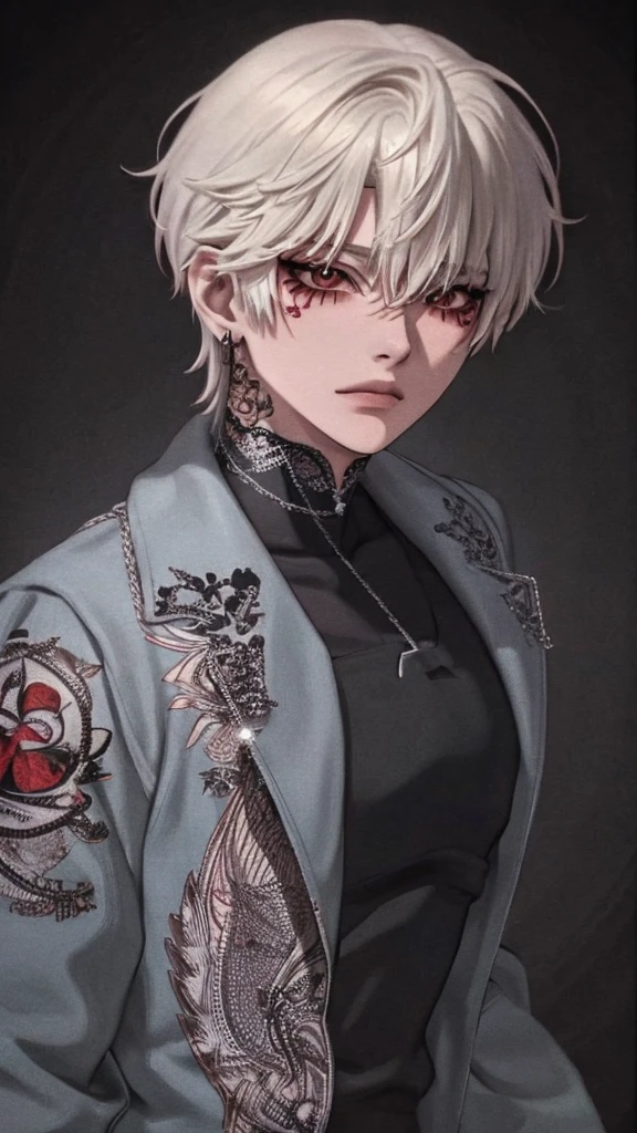 1boy,18 years old,korean,white hair,orange eyes,elongated sharp facial structure,slim attractive body,neutral facial expression,detailed beautiful eyes,korean makeup,eyeliner,mascara,visual kei,gothic,punk,emo,jacket,shirt,pants,diagonal side view,upper body focus,extreme detail,high quality,masterpiece illustration,red eyeshadow,black lines under eyes,choker,chains,crosses,piercings,tattoos under eyes