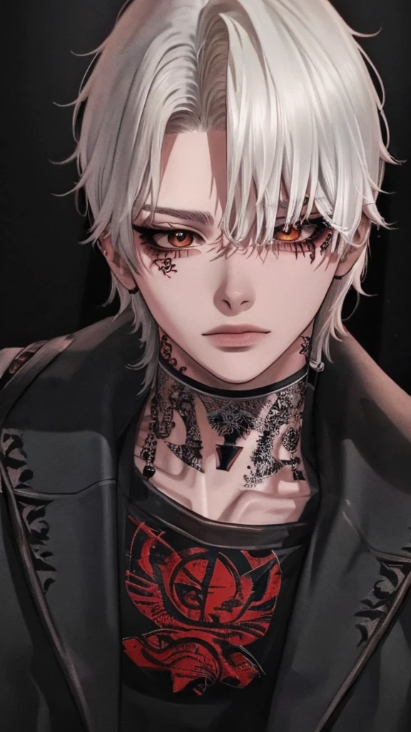 1boy,18 years old,korean,white hair,orange eyes,elongated sharp facial structure,slim attractive body,neutral facial expression,detailed beautiful eyes,korean makeup,eyeliner,mascara,visual kei,gothic,punk,emo,jacket,shirt,pants,diagonal side view,upper body focus,extreme detail,high quality,masterpiece illustration,red eyeshadow,black lines under eyes,choker,chains,crosses,piercings,tattoos under eyes