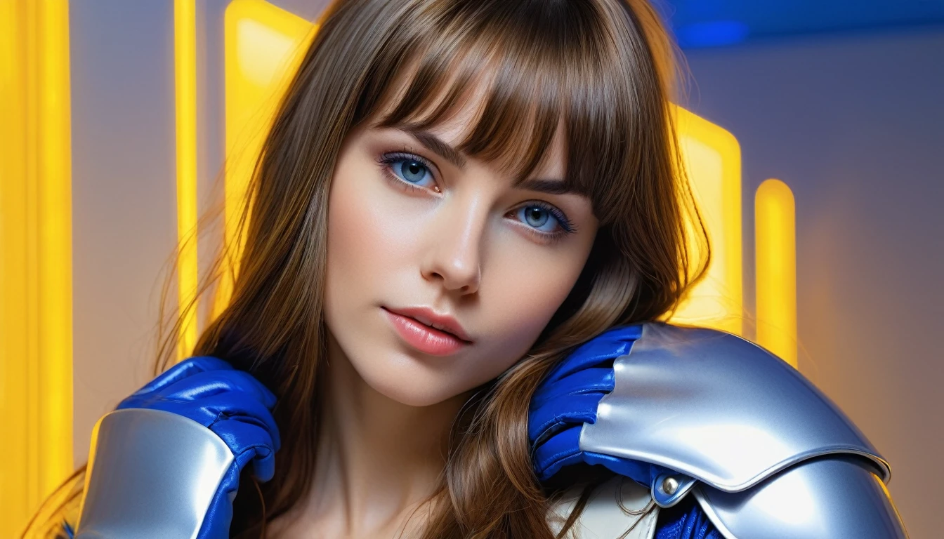 realistic acrylic art, vivid colors, lateral point of view, a beautiful european woman with long hair, bangs, looking at the viewer with suspicious face and a shy smile, she wears white BLUE hy-glossy TOTALLY SMOOTH plastic armor, gloves, a sophisticated belt, dramatic yellow lights, background white empty neutral