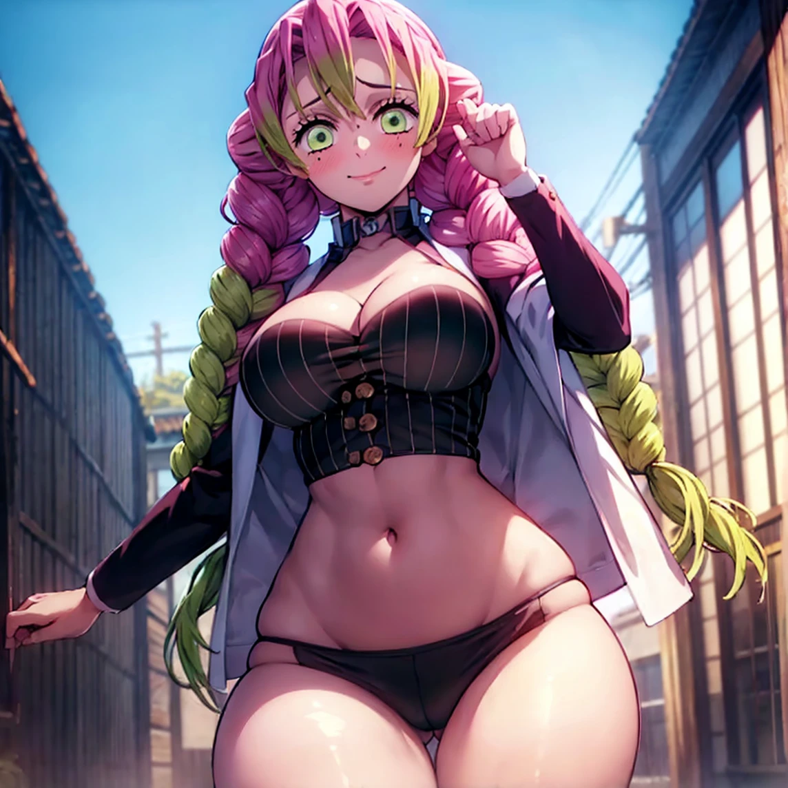 ((1girl)),((alone)), Mitsuri kanroji,(masterpiece), (best quality), (ultra detailed), (best illustration), (best shadow), (absurdities), sharp focus, cowboy photo , looking at the viewer, large breasts, narrow waist, wide hips, medium thighs, round butt, dynamic posture, alone, mole under the eye, mole, breasts, green eyes, thighs, pink hair, green tips, smile, multicolored hair, braid, green short jacket, open jacket, pink sports bra, cleavage, collarbone, black yoga pants, bare waist, navel, thigh slit, thick thighs, black pants, seductive smile, closed mouth, (sexy pose: 1.2) , alone, standing: 1.3, outside, night, city, streets, cityscape, city lights, looking forward, ((focus on breasts)), point of view (from below), red blush, perfect anatomy , perfect hands