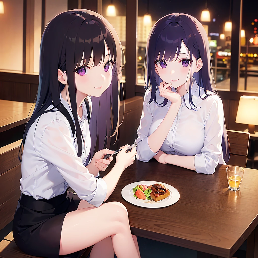 Realistic, Real person, (Pale skin: 1.2), RAW Photos, Realistic, Portrait Photography, Glowing Skin, Japanese Idols、Shiny Hair、(bangs) and (straight) and (Medium Hair)and (25-year-old woman) and (Black Hair) and (Purple eyes) , office lady、Wearing a white shirt、(smile:1.3), Open your mouth, The background is a restaurant at night、alone、Sitting、wine glass、Food on a plate
