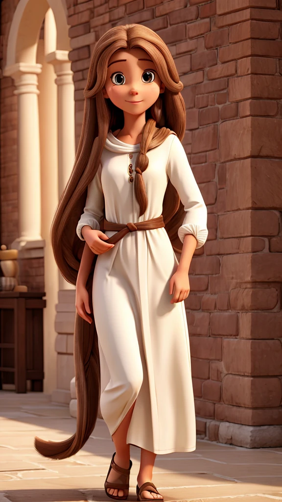 Woman with long brown monkey hair, White skin, long tunic clothing like jesus, with a  carried