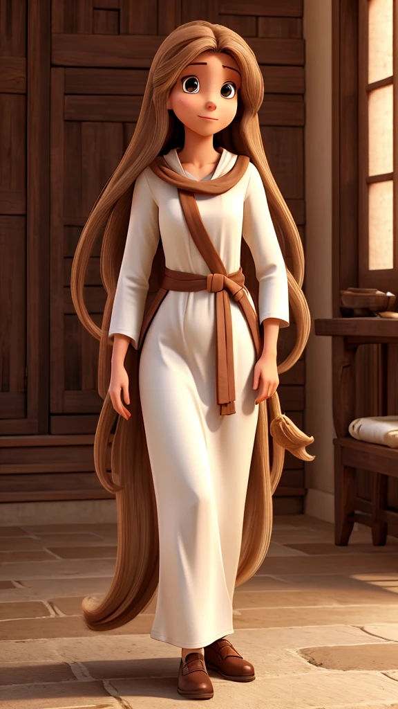Woman with long brown monkey hair, White skin, long tunic clothing like jesus, with a baby carried
