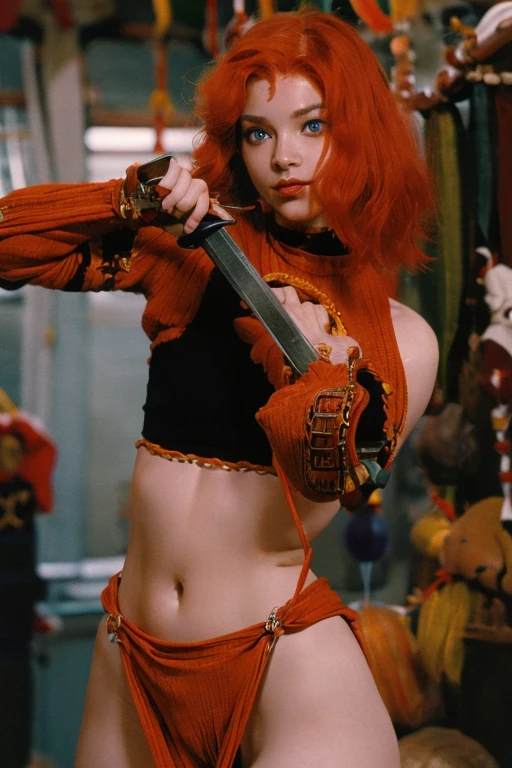 A red-haired girl wields the Heavy Thrusting Swords from within the Elden Ring in a reverse grip.