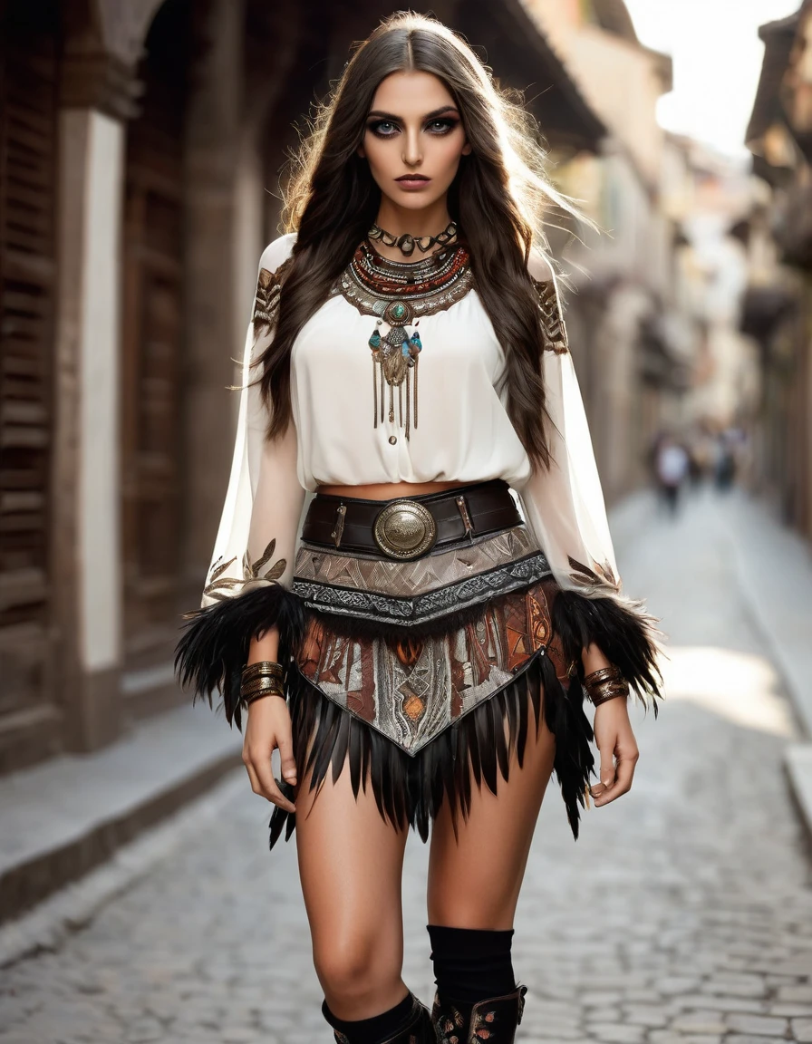 Top: White blouse with embroidered details in the shape of owl feathers in brown and gray tones. The blouse has wide sleeves that taper at the cuffs, imitating the wings of an owl.
Tight black leather corset, with metal buckles and tribal embroidery on the front. The sides of the corset have crossed laces that adjust to give it a gothic touch. Skirt: Long, fluid skirt in earth tones, with layers of tulle and lace that move gently, giving an ethereal appearance. The skirt has embroidery in the shape of feathers and owl eyes..
Tulle skirt in several layers, combining black and red tones to give it volume and movement. The skirt has lace details and indigenous embroidery on the edges. Asymmetrical, shorter in the front and longer in the back.
under the skirt, She wears tight black leather shorts with stud details and tribal embroidery on the sides.
The black veiled media.
Wide black leather belt with a large buckle decorated with indigenous motifs and metal details. Leather strips hanging with small beads and feathers.
layer: layer de terciopelo en tonos marrones oscuros, with feather edges and lace details.
touched: Headband with owl feathers and small glass eyes that shine in the light.
necklaces and bracelets: Necklaces with owl-shaped pendants and leather bracelets with feather engravings Shoes: Brown leather boots with feather details and owl eye embroidery.
Eyes: Eye shadows in earth tones with a dramatic liner that imitates the big eyes of the owl.
lips: lips en un tono nude.
feathers: feathers de lechuza cosidas en la capa y el tocado.
embroidery: Embroidered feather and owl eye details on blouse and skirt.
Leather and metal bracelets, with indigenous bead and feather details.
Long necklaces of colorful beads and stone and feather pendants.
Large silver rings with tribal engravings and semi-precious stones.
