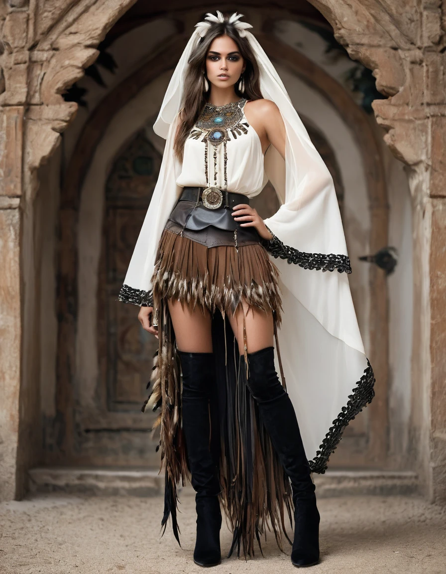 Top: White blouse with embroidered details in the shape of owl feathers in brown and gray tones. The blouse has wide sleeves that taper at the cuffs, imitating the wings of an owl.
Tight black leather corset, with metal buckles and tribal embroidery on the front. The sides of the corset have crossed laces that adjust to give it a gothic touch. Skirt: Long, fluid skirt in earth tones, with layers of tulle and lace that move gently, giving an ethereal appearance. The skirt has embroidery in the shape of feathers and owl eyes..
Tulle skirt in several layers, combining black and red tones to give it volume and movement. The skirt has lace details and indigenous embroidery on the edges. Asymmetrical, shorter in the front and longer in the back.
under the skirt, She wears tight black leather shorts with stud details and tribal embroidery on the sides.
The black veiled media.
Wide black leather belt with a large buckle decorated with indigenous motifs and metal details. Leather strips hanging with small beads and feathers.
layer: layer de terciopelo en tonos marrones oscuros, with feather edges and lace details.
touched: Headband with owl feathers and small glass eyes that shine in the light.
necklaces and bracelets: Necklaces with owl-shaped pendants and leather bracelets with feather engravings Shoes: Brown leather boots with feather details and owl eye embroidery.
Eyes: Eye shadows in earth tones with a dramatic liner that imitates the big eyes of the owl.
lips: lips en un tono nude.
feathers: feathers de lechuza cosidas en la capa y el tocado.
embroidery: Embroidered feather and owl eye details on blouse and skirt.
Leather and metal bracelets, with indigenous bead and feather details.
Long necklaces of colorful beads and stone and feather pendants.
Large silver rings with tribal engravings and semi-precious stones.
