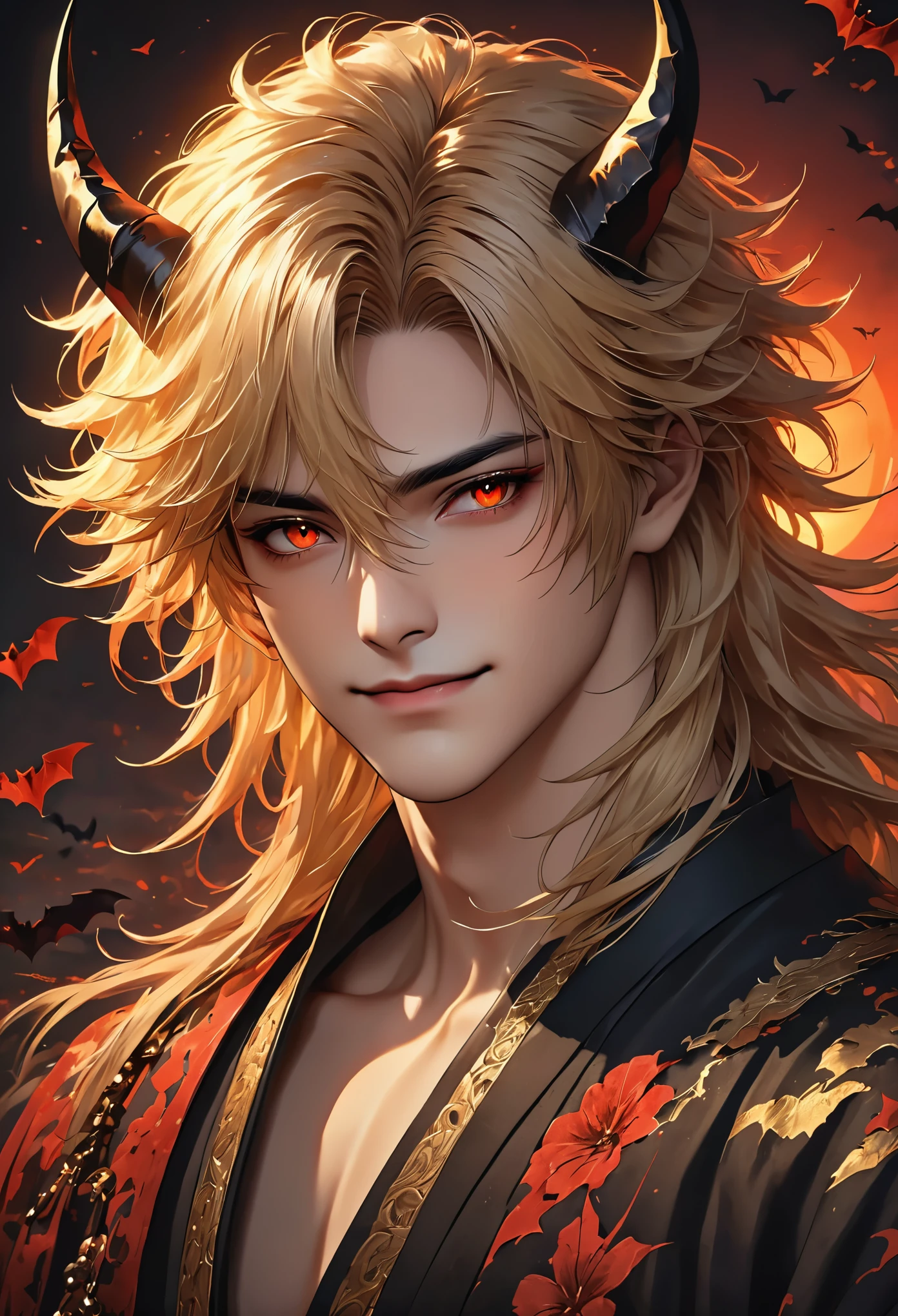 (Masterpiece, 8k, absurd, digital art, digital illustration, realistic, highly detailed, realistic lighting),senngoku,Draw a detailed anime style illustration in pixiv art style. The character is a beautiful male demon with long blond hair and sharp red eyes. He is dressed in a gorgeous dark fantasy style costume with black and gold decorations. He has large black horns on his head, and the background depicts a sunset sky and flying bats. He has a seductive smile and blood on his fingertips. The illustration is mysterious and dark, with soft lighting highlighting his delicate features and the smooth texture of his hair. 4K, Masterpiece, Top Quality