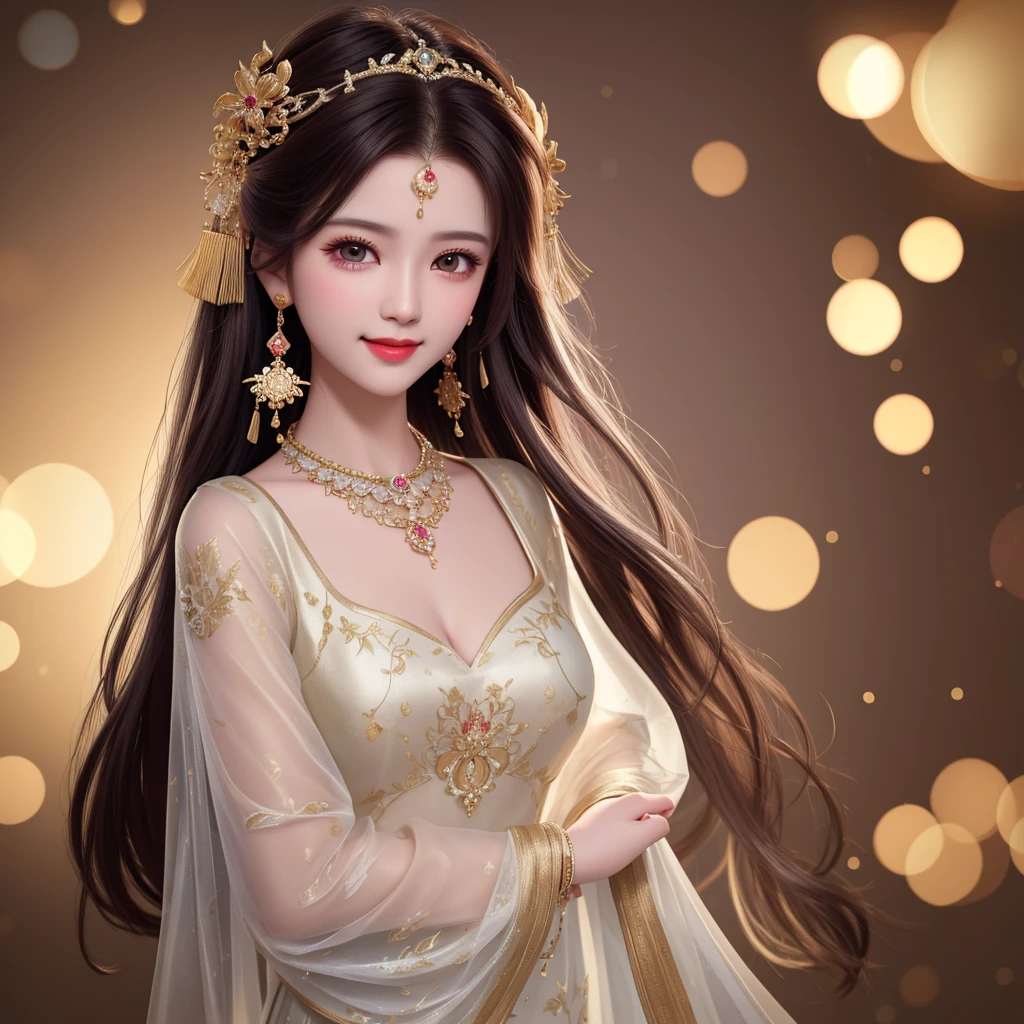 best quality, masterpiece, highres, 1girl, transparent silk china dress, beautiful face, hair ornament, looking at viewer, smile, closed mouth,lips, dress,hair ornament, necklace, jewelry, long hair, earrings, Beautiful face,upon_body, tyndall effect,photorealistic, dark studio, rim lighting, two tone lighting,(high detailed skin:1.2), 8k uhd, dslr, soft lighting, high quality, volumetric lighting, candid, Photograph, high resolution, 4k, 8k, Bokeh