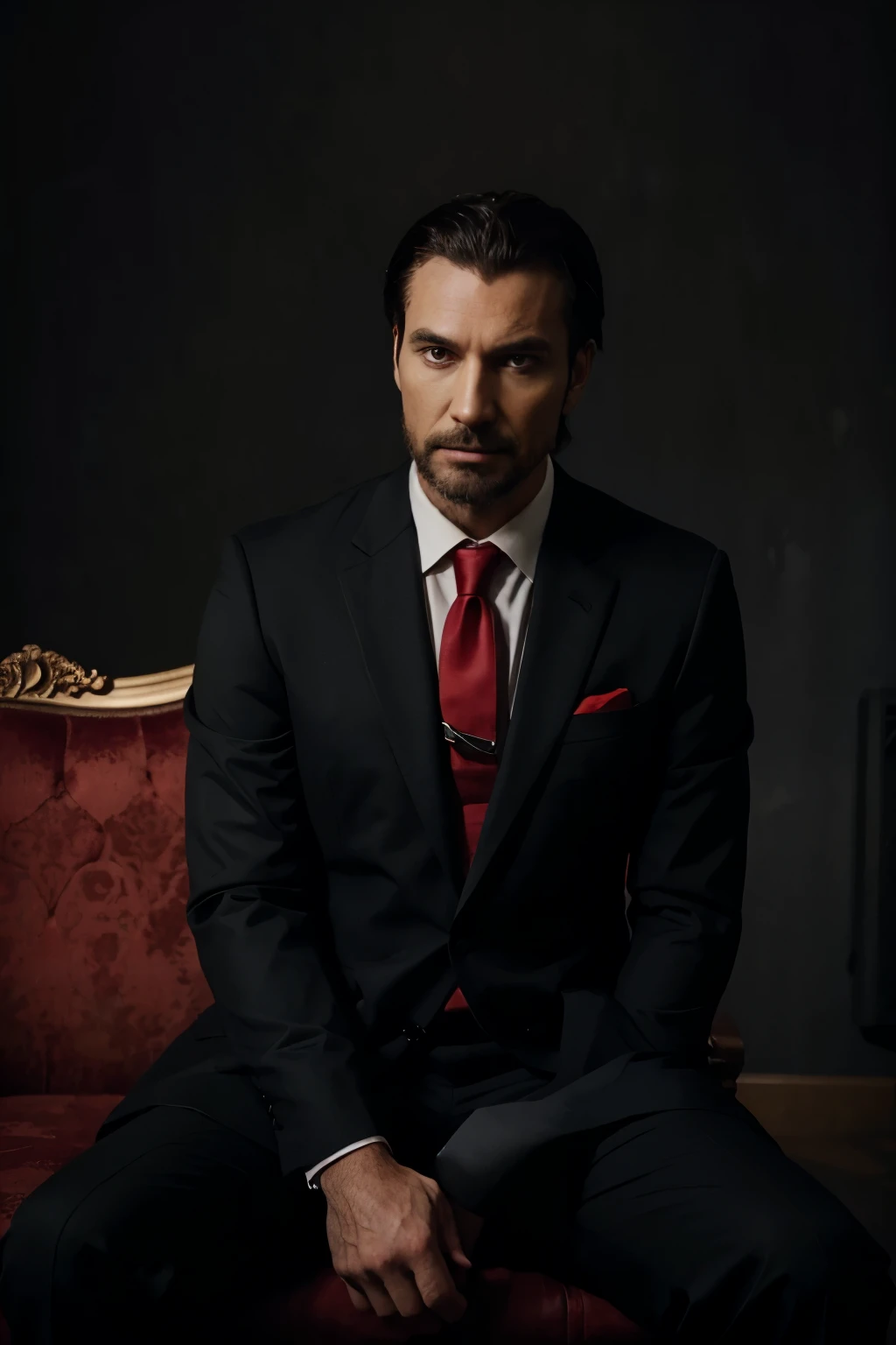 An evil man wearing a black suit and red tie sits on a king's chair, a black background, and a lion in front of him
