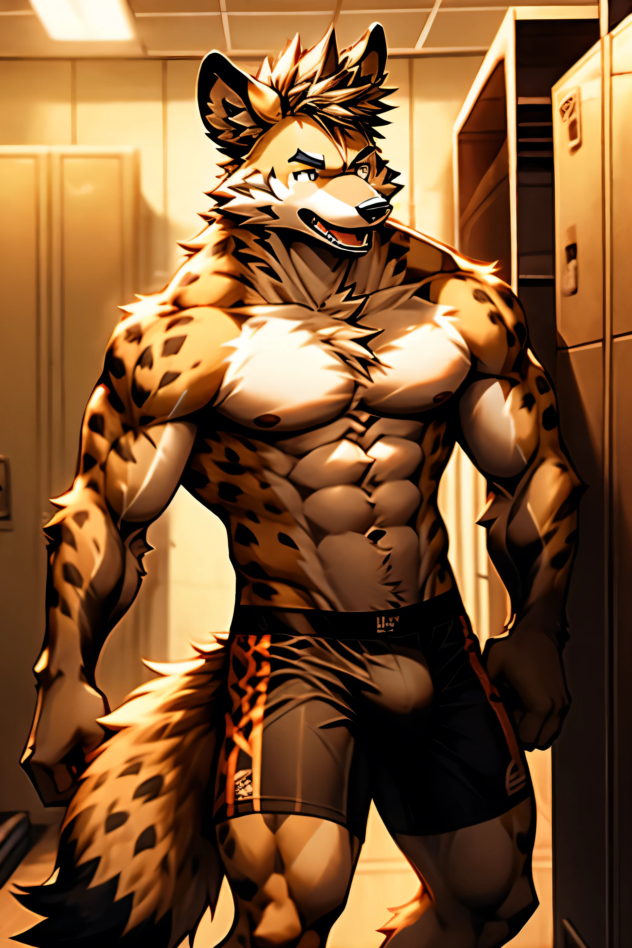 male furry fox-hyena hybrid shirtless and wearing tight boxers with a bulge, Inside a locker room.