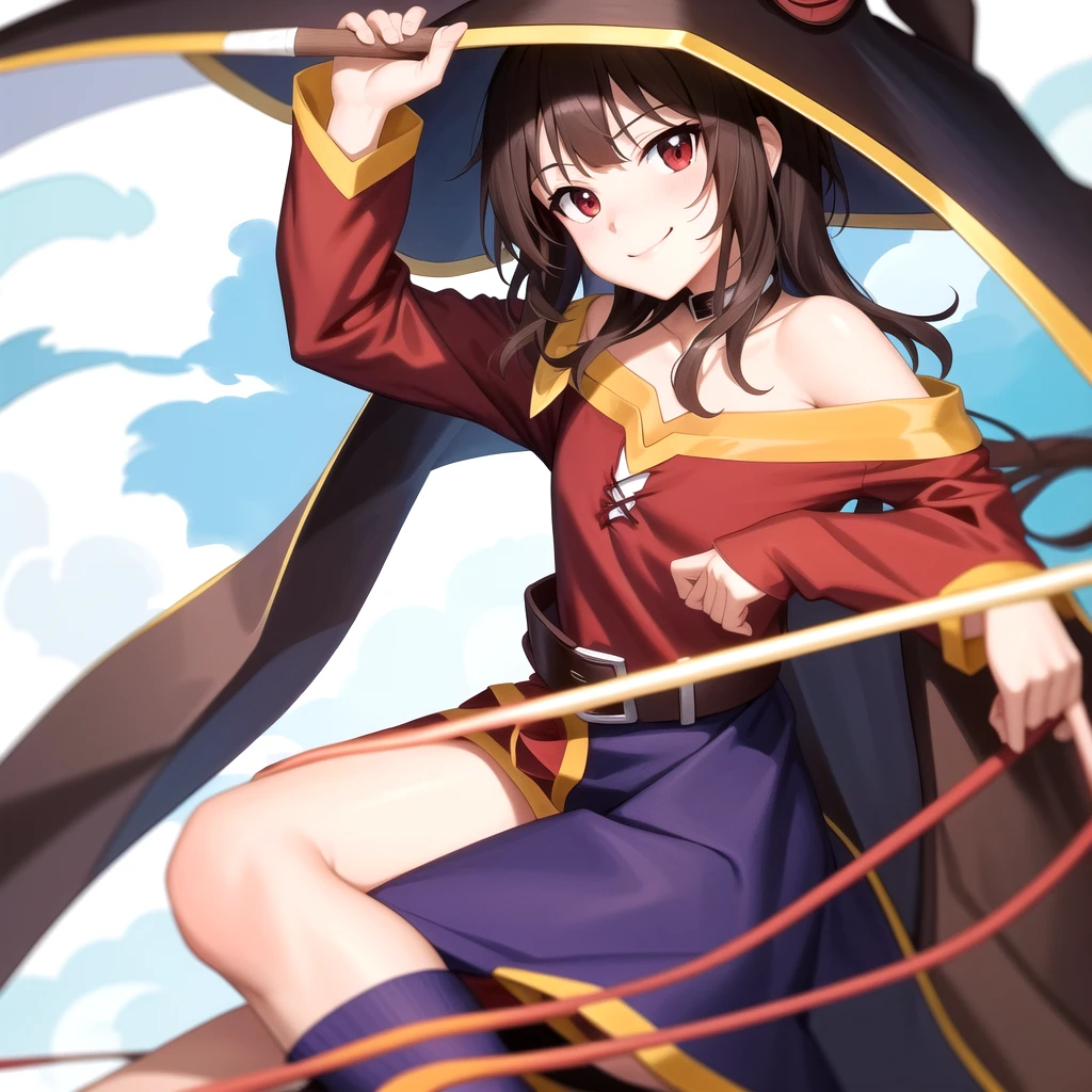 Megumin from konosuba, sitting on bed, smiling, anime screencap,1girl, solo, red eyes, bandaged leg, single thighhigh, red dress, belt, bare shoulders, brown hair, short hair with long locks,collar, collarbone, choker, standing, asymmetrical legwear, long sleeves, mismatched legwear,standing,smile,looking at viewer, cape, witch hat, holding staff, staff,