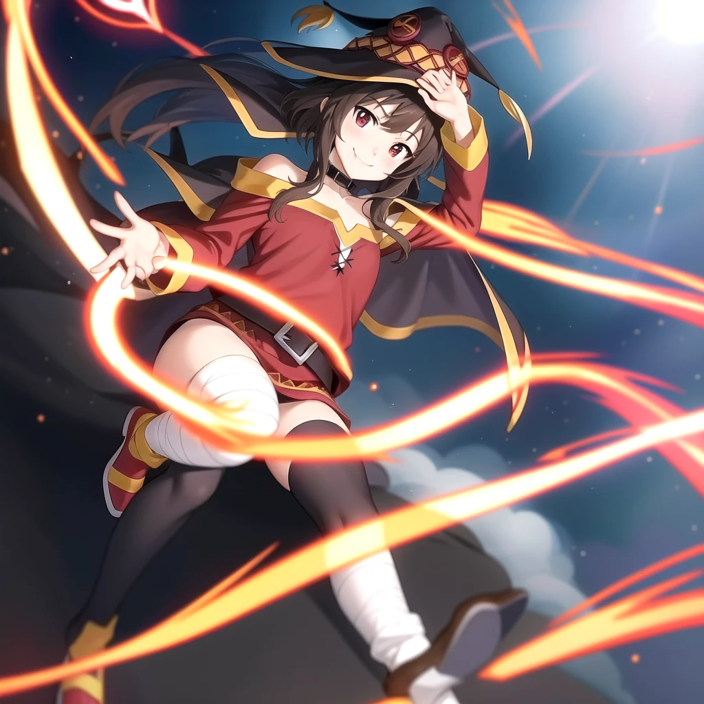Megumin from konosuba, sitting on bed, smiling, anime screencap,1girl, solo, red eyes, bandaged leg, single thighhigh, red dress, belt, bare shoulders, brown hair, short hair with long locks,collar, collarbone, choker, standing, asymmetrical legwear, long sleeves, mismatched legwear,standing,smile,looking at viewer, cape, witch hat, holding staff, staff,