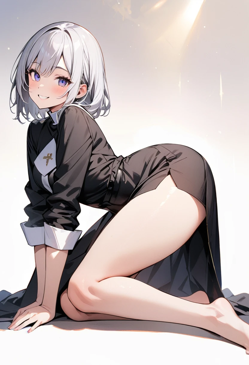 (masterpiece:1.2),Highest quality,Pixiv ,One girl,alone,View your viewers,,smile,White background only,whole body,From the side,One knee,,Look to the side、white background only、priest