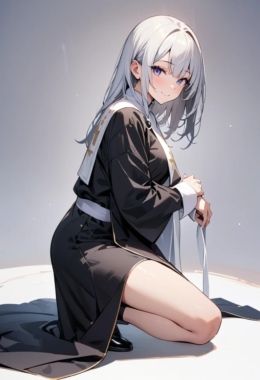 (masterpiece:1.2),Highest quality,Pixiv ,One girl,alone,View your viewers,,smile,White background only,whole body,From the side,One knee,,Look to the side、white background only、priest