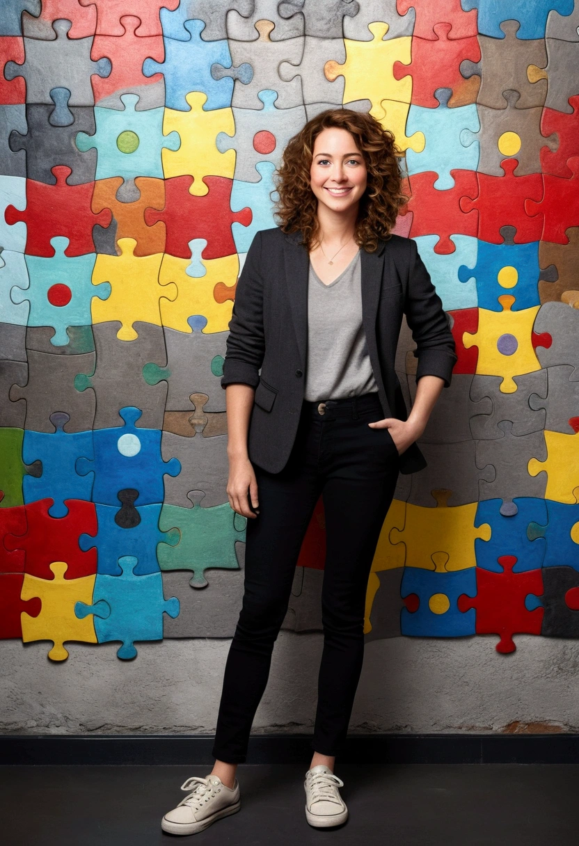 A 37 year old woman, with shoulder-length brown hair with lighter strands and very curly hair, round face with charming smile, blue colored eyes, full body, wearing an elegant gray shirt, black blazer, and black jeans and white sneakers. full - length portrait, behind a wall with red puzzle, cerulean, green and yellow. Develop this art Disney Pixar Animations Style