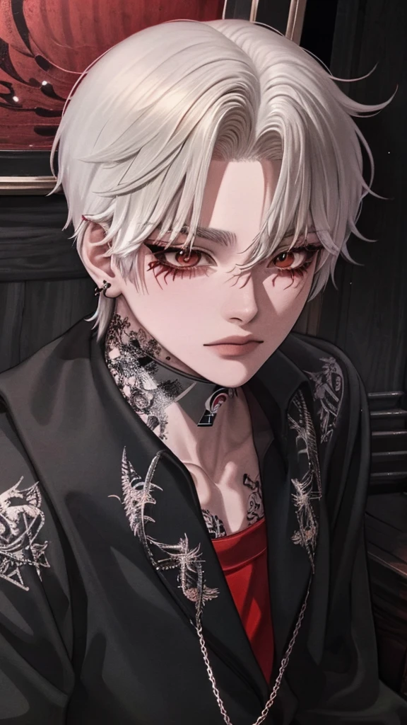 1boy,18 years old,korean,white hair,orange eyes,elongated sharp facial structure,slim attractive body,neutral facial expression,detailed beautiful eyes,korean makeup,eyeliner,mascara,visual kei,gothic,punk,emo,jacket,shirt,pants,diagonal side view,upper body focus,extreme detail,high quality,masterpiece illustration,red eyeshadow,black lines under eyes,choker,chains,crosses,piercings,tattoos under eyes