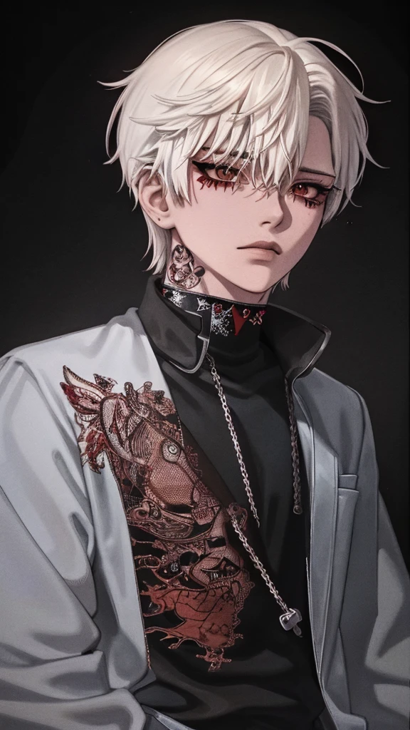 1boy,18 years old,korean,white hair,orange eyes,elongated sharp facial structure,slim attractive body,neutral facial expression,detailed beautiful eyes,korean makeup,eyeliner,mascara,visual kei,gothic,punk,emo,jacket,shirt,pants,diagonal side view,upper body focus,extreme detail,high quality,masterpiece illustration,red eyeshadow,black lines under eyes,choker,chains,crosses,piercings,tattoos under eyes