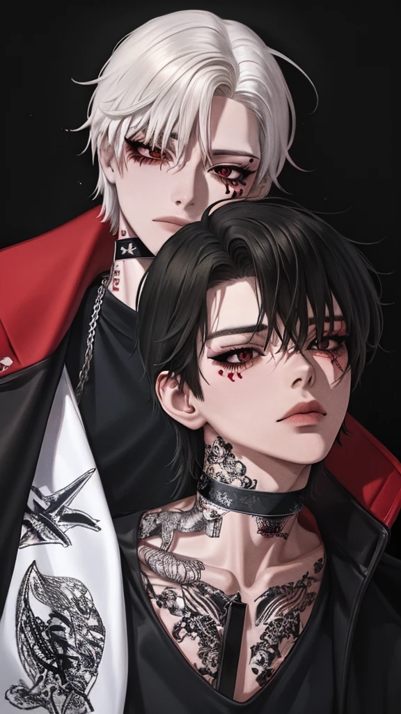 1boy,18 years old,korean,white hair,orange eyes,elongated sharp facial structure,slim attractive body,neutral facial expression,detailed beautiful eyes,korean makeup,eyeliner,mascara,visual kei,gothic,punk,emo,jacket,shirt,pants,diagonal side view,upper body focus,extreme detail,high quality,masterpiece illustration,red eyeshadow,black lines under eyes,choker,chains,crosses,piercings,tattoos under eyes