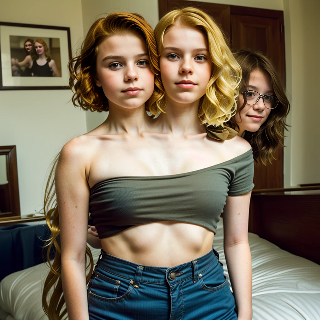 2heads, (13 year old girl:1.5), (one blonde and one redhead:1.5)