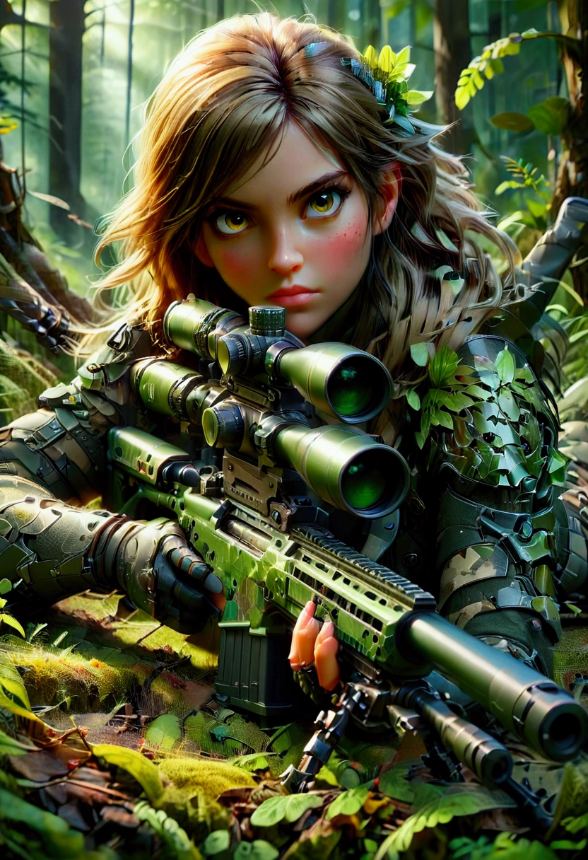 1girl, Sniper, A highly detailed, portrait of a skilled sniper in a camouflage uniform, lying prone with a high-powered sniper rifle, focused intently through the scope, surrounded by lush foliage in a forest environment, dramatic lighting, cinematic composition, hyper-detailed textures, muted color palette, gritty, masterpiece, best quality, very aesthetic, absurdres