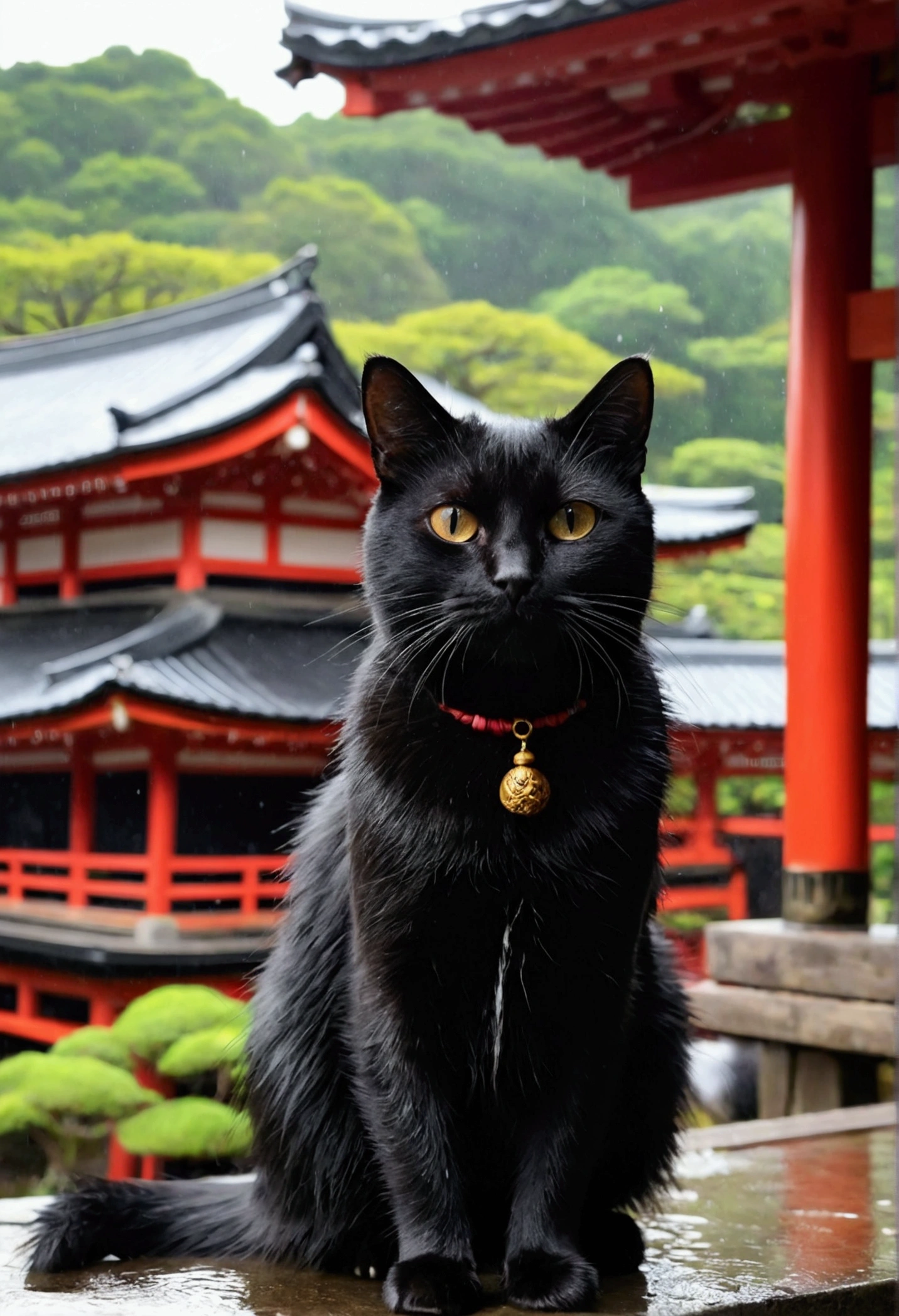 Black Cat、Dog Pose、Wet day、Wet Hair、Japan、Meticulous expression、Nature background、A shrine in the background、Cloudy、背景のMeticulous expression、Ultra HD and Ultra High Resolution、Temple、single、One
