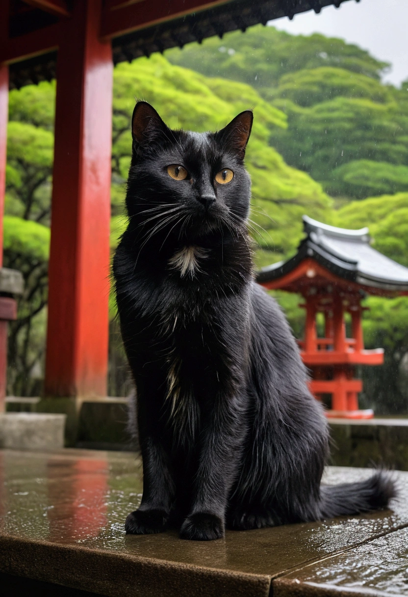 Black Cat、Dog Pose、Wet day、Wet Hair、Japan、Meticulous expression、Nature background、A shrine in the background、Cloudy、背景のMeticulous expression、Ultra HD and Ultra High Resolution、Temple、single、One