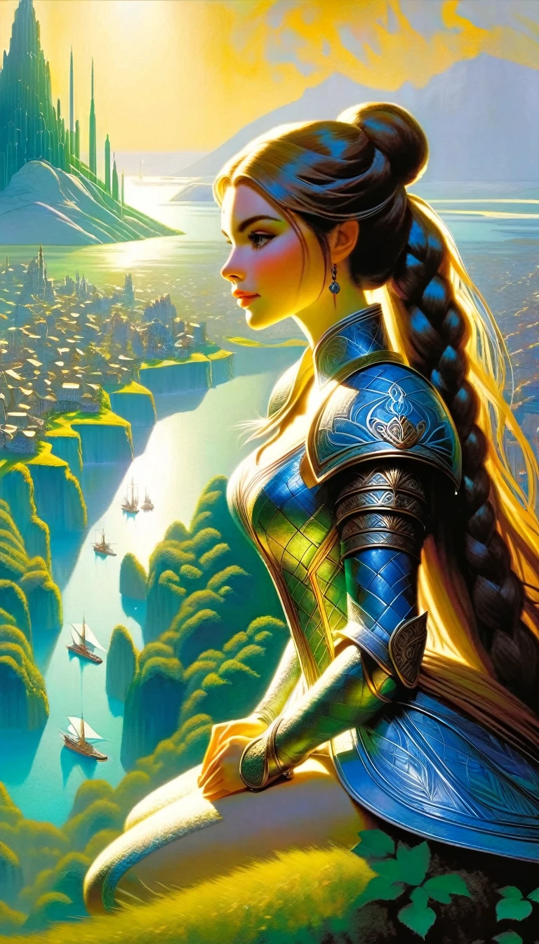 This image depicts a beautiful fantasy world scene. It is daytime or early afternoon, and the atmosphere is quiet and grandiose. In the foreground, there is a female character sitting with her back to the viewer. She has long braided brown hair and is wearing an intricately patterned blue and white outfit. She also has armor on one arm, giving her the appearance of an adventurer or warrior. In the background, we see a magnificent city built on a steep mountain or island. The city’s architecture is reminiscent of the Middle Ages and the Renaissance, characterized by tall spires and dense buildings. At the top of the city, there are castle- and palace-like buildings soaring above the rest. Below the city, there are lush green fields and small buildings scattered about, which may be farms or villages. The landscape is lush and green with trees surrounding the settlements. Several ships are anchored at the foot of the mountains and islands, suggesting that the city is an important port town. The sky is clear blue with very few clouds, indicating that it is daytime or early afternoon. The overall atmosphere is quiet and grandiose, suggesting stories of adventure, exploration, or political intrigue in this fantasy world.(art inspired by Bill Sienkiewicz). oil painting)