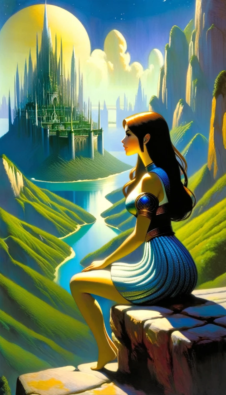 This image depicts a beautiful fantasy world scene. It is daytime or early afternoon, and the atmosphere is quiet and grandiose. In the foreground, there is a female character sitting with her back to the viewer. She has long braided brown hair and is wearing an intricately patterned blue and white outfit. She also has armor on one arm, giving her the appearance of an adventurer or warrior. In the background, we see a magnificent city built on a steep mountain or island. The city’s architecture is reminiscent of the Middle Ages and the Renaissance, characterized by tall spires and dense buildings. At the top of the city, there are castle- and palace-like buildings soaring above the rest. Below the city, there are lush green fields and small buildings scattered about, which may be farms or villages. The landscape is lush and green with trees surrounding the settlements. Several ships are anchored at the foot of the mountains and islands, suggesting that the city is an important port town. The sky is clear blue with very few clouds, indicating that it is daytime or early afternoon. The overall atmosphere is quiet and grandiose, suggesting stories of adventure, exploration, or political intrigue in this fantasy world.(art inspired by Bill Sienkiewicz). oil painting)

