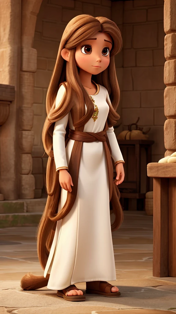 Woman with long brown monkey hair, White skin, long tunic clothing like jesus, on your knees praying