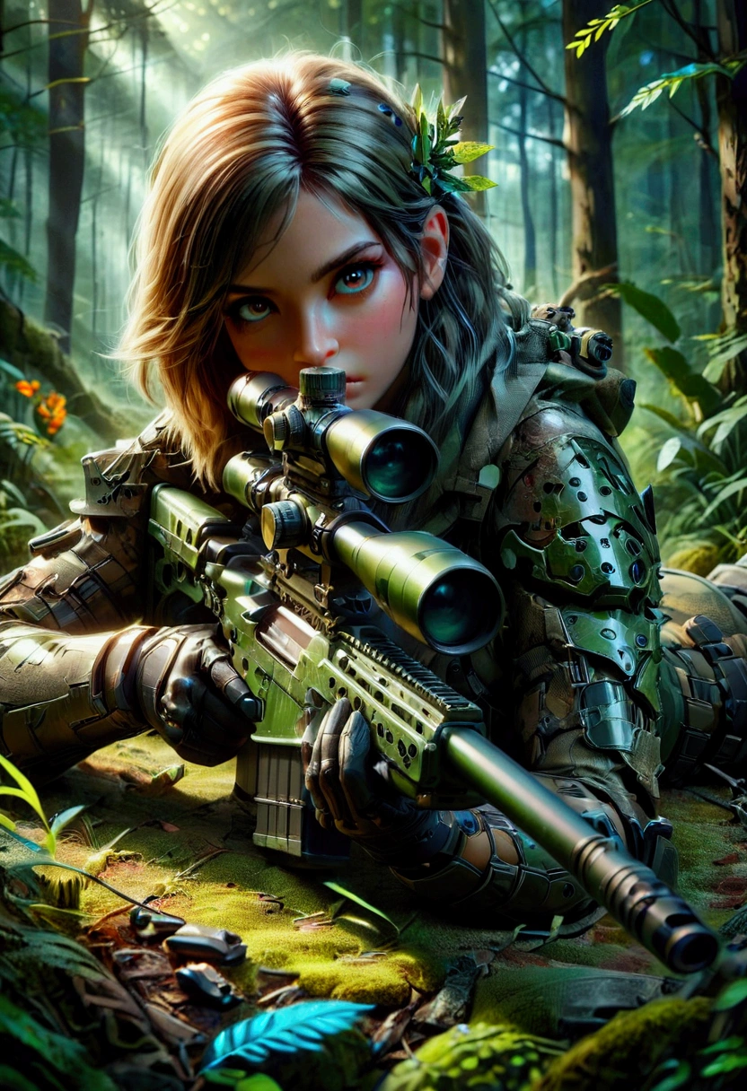 1girl, Sniper, A highly detailed, portrait of a skilled sniper in a camouflage uniform, lying prone with a high-powered sniper rifle, focused intently through the scope, surrounded by lush foliage in a forest environment, dramatic lighting, cinematic composition, hyper-detailed textures, muted color palette, gritty, masterpiece, best quality, very aesthetic, absurdres