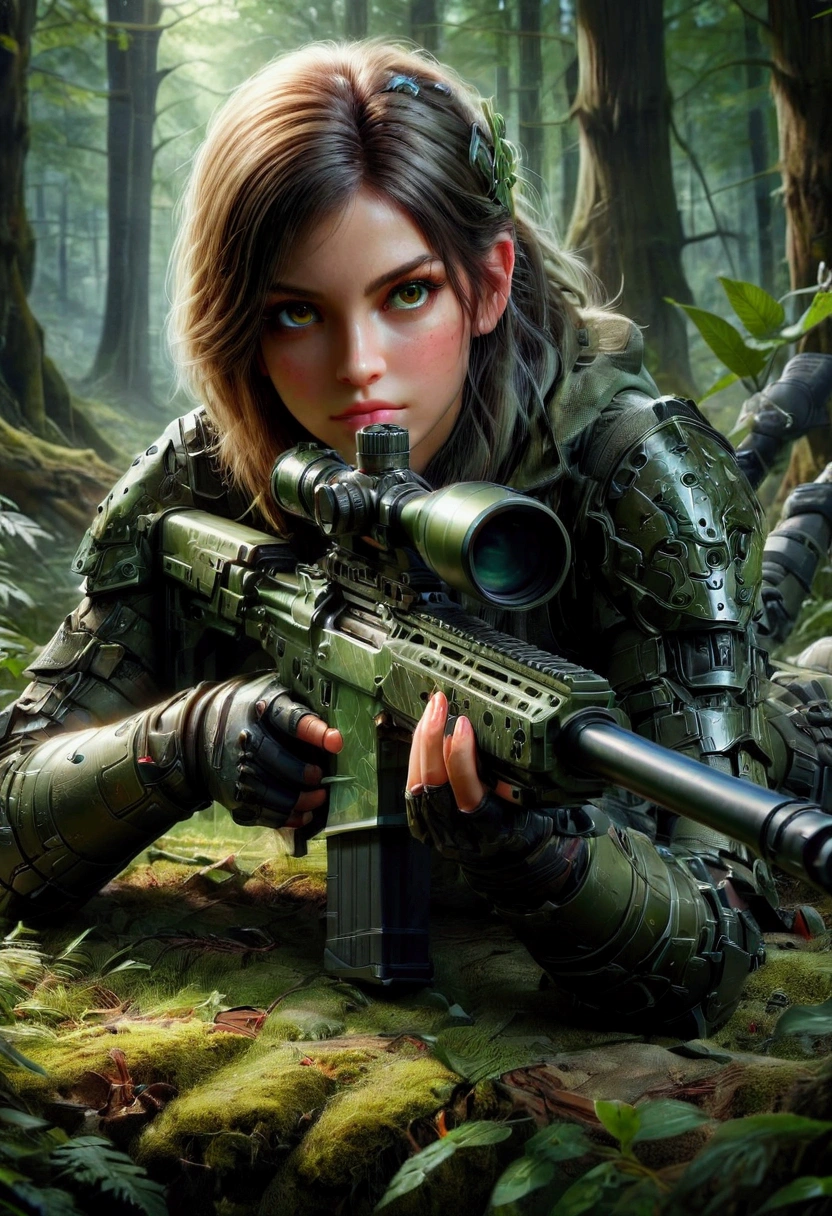 1girl, Sniper, A highly detailed, portrait of a skilled sniper in a camouflage uniform, lying prone with a high-powered sniper rifle, focused intently through the scope, surrounded by lush foliage in a forest environment, dramatic lighting, cinematic composition, hyper-detailed textures, muted color palette, gritty, masterpiece, best quality, very aesthetic, absurdres