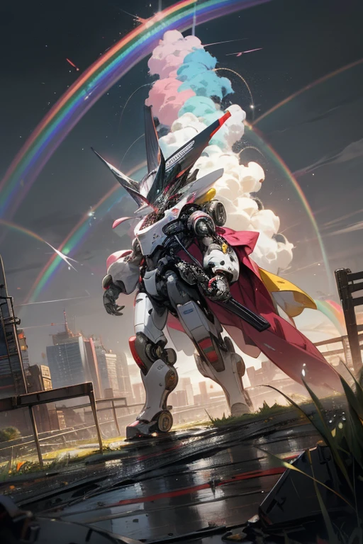anime style, super fine illustration, highly detailed, dynamic angle, beautiful detailed, 8k, Rainbow over the meadow under the clowly on a battle day. BREAK Cute anthropomorphic Robot is sadly walking, under the rainbow. BREAK Robot in colorful harmonize with the rainbow, creating a beautiful scene.Break dystopia,Disillusioned,City,Landscape painting,Break MECA,droid,human_no,