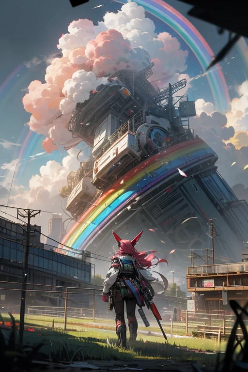 anime style, super fine illustration, highly detailed, dynamic angle, beautiful detailed, 8k, Rainbow over the meadow under the clowly on a battle day. BREAK Cute anthropomorphic Robot is sadly walking, under the rainbow. BREAK Robot in colorful harmonize with the rainbow, creating a beautiful scene.Break dystopia,Disillusioned,City,Landscape painting,Break MECA,droid,human_no,